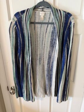 Chico's Linen Blend Lightweight Striped Open-Front Cardigan Blue Teal Size Large
